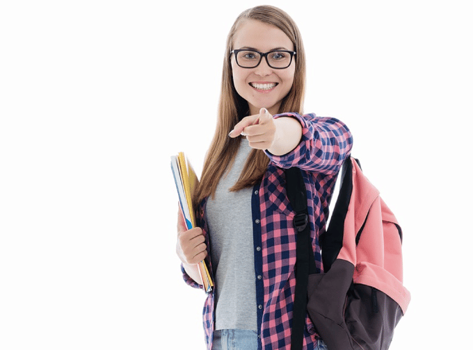 young woman shows to the photograph